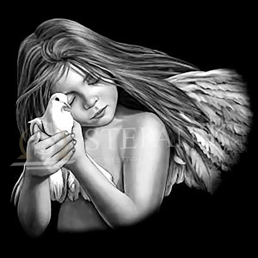 Ангел гравійований на камені з голубом