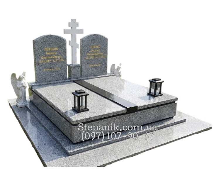 Двійний пам'ятник з граніту покостівка та габро з хрестом (Модель 06)