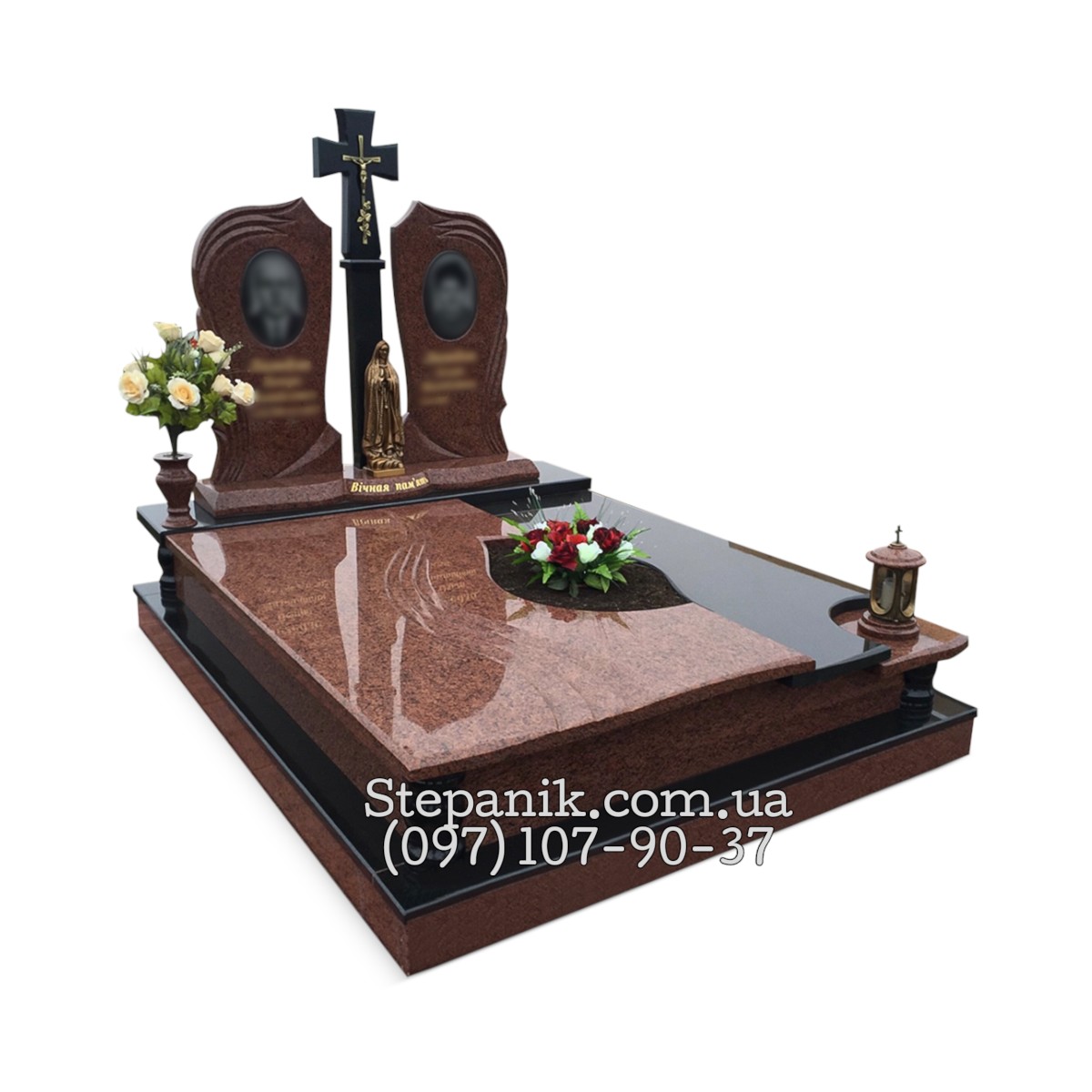 Двійний пам'ятник з граніту лізник та габро з хрестом (Модель 20)