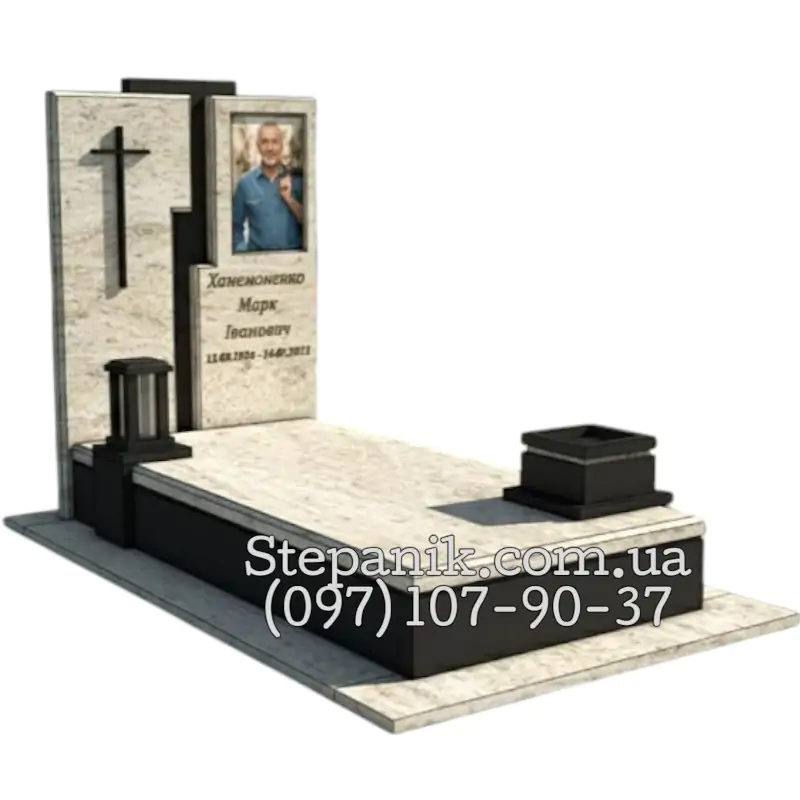 Одинарний пам'ятник з граніту Міленіум крем та Габро лаконічний (Модель 29)