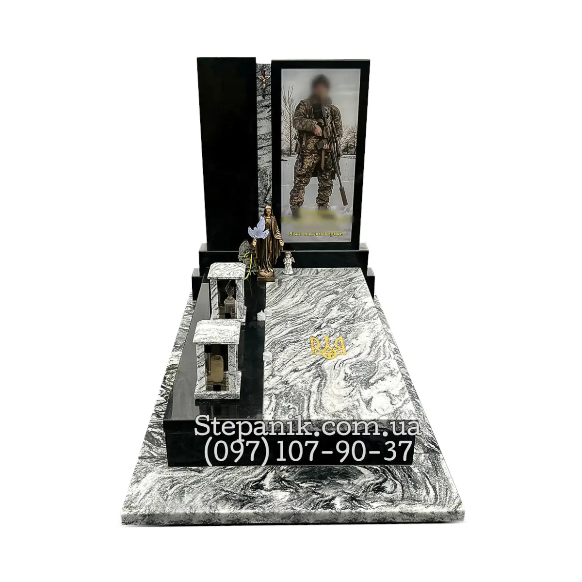 Одинарний пам'ятник з граніту Вісконт норс№2 та Габро з великим фото (Модель 137)